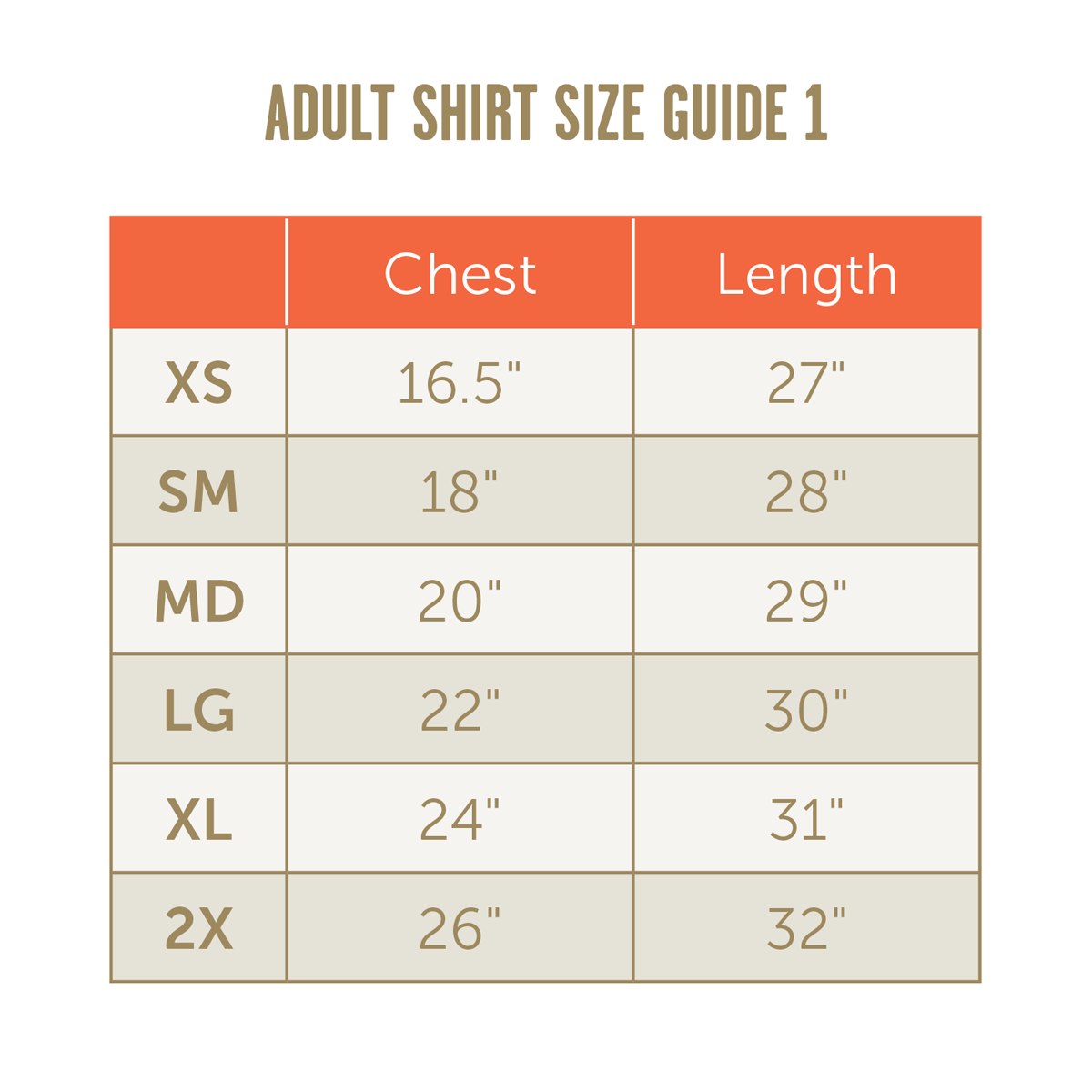 TLE Adult unisex shirt size guide