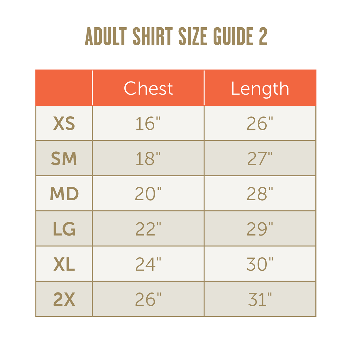 TLE Adult unisex shirt size guide