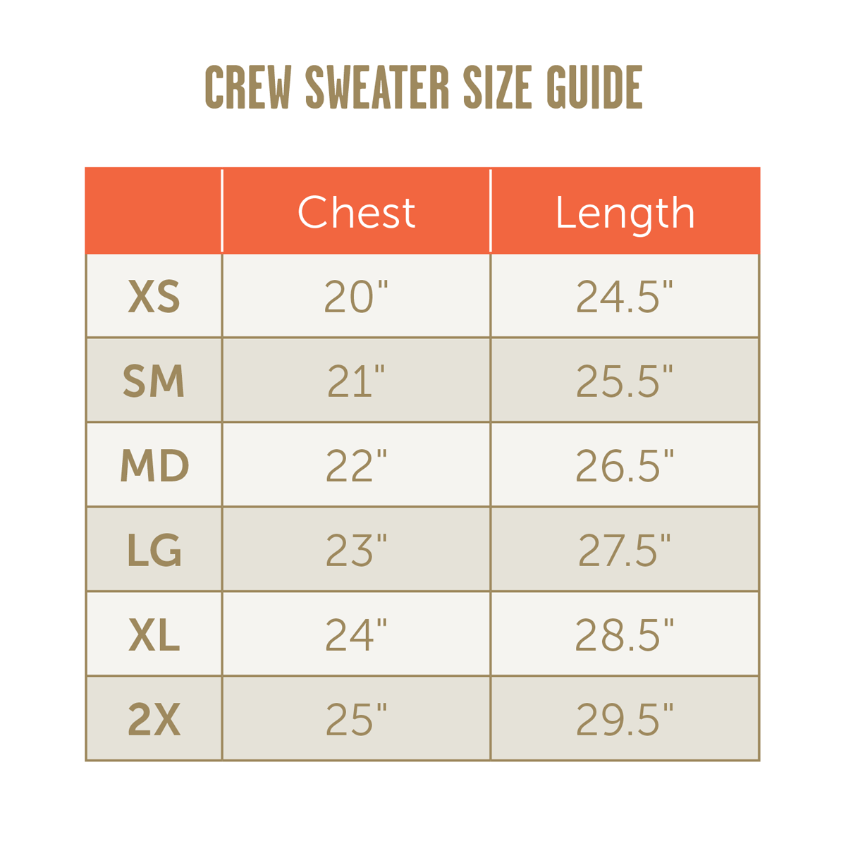 TLE Adult unisex crew sweater size guide