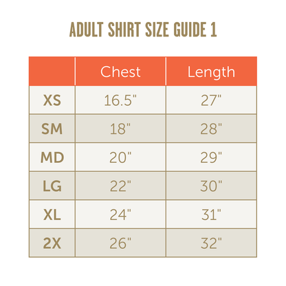 TLE Adult unisex shirt size guide 