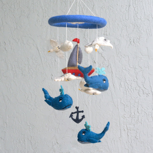 Wool Felted Mobile - Whale & Sailboat