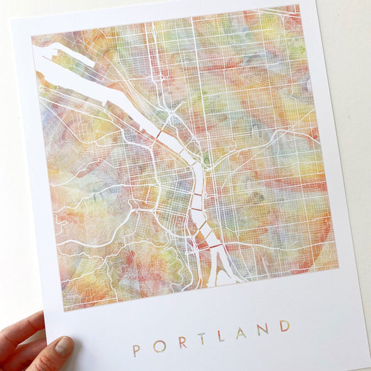 Turn-of-the-Centuries: Portland Watercolor Map Print - Rainbow