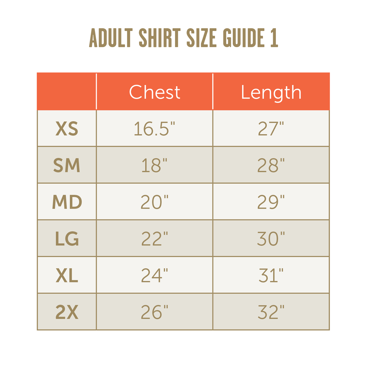 TLE Adult unisex shirt size guide 